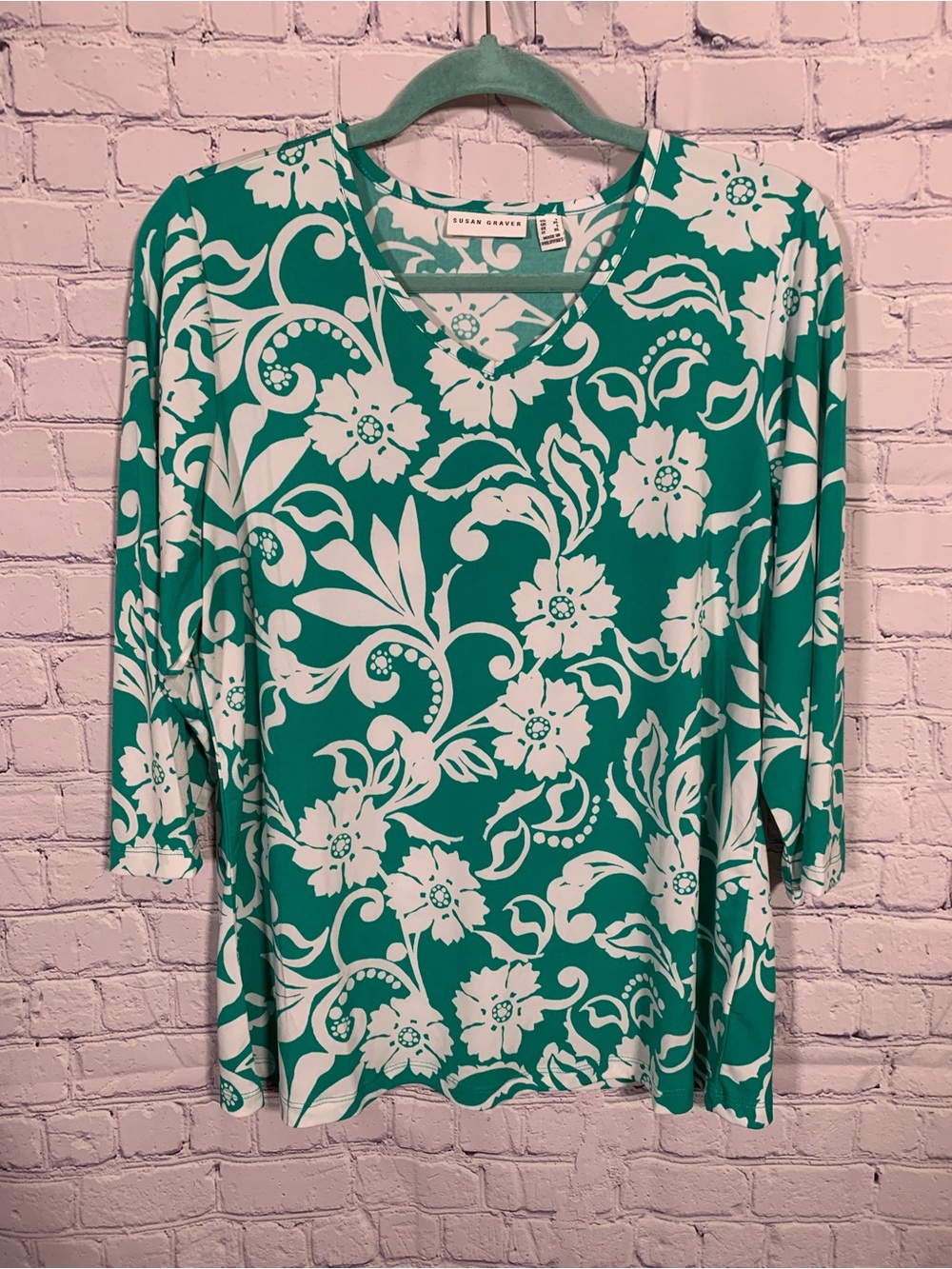 Susan Graver Womens Liquid Knit Floral V-Neck 3/4 Sleeve Top Green Sz L Stretch